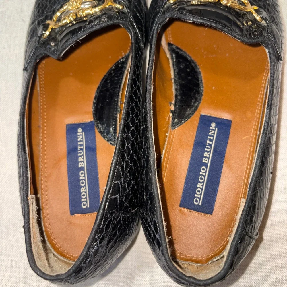 Giorgio Brutini Mens 6.5 Black Genuine Snake‎ Skin Lion Head Bit Loafers Vintage